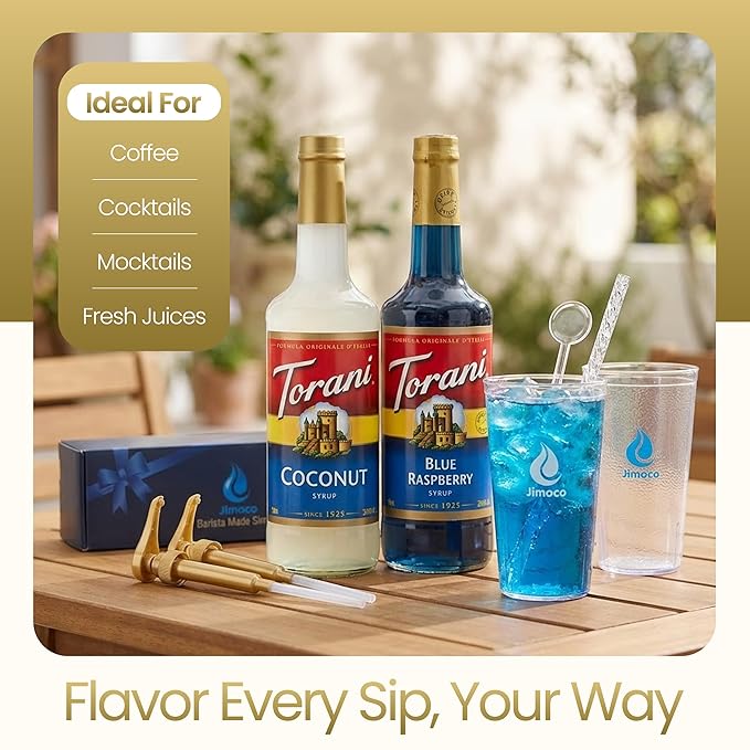 Jimoco Barista Set – Torani Blue Raspberry & Coconut Syrups (25.4 oz Each) with 2 Jimoco Syrup Pumps, Reusable Cups, Straws & Stirrers – Coffee, Italian Soda & Cocktail Flavoring Kit
