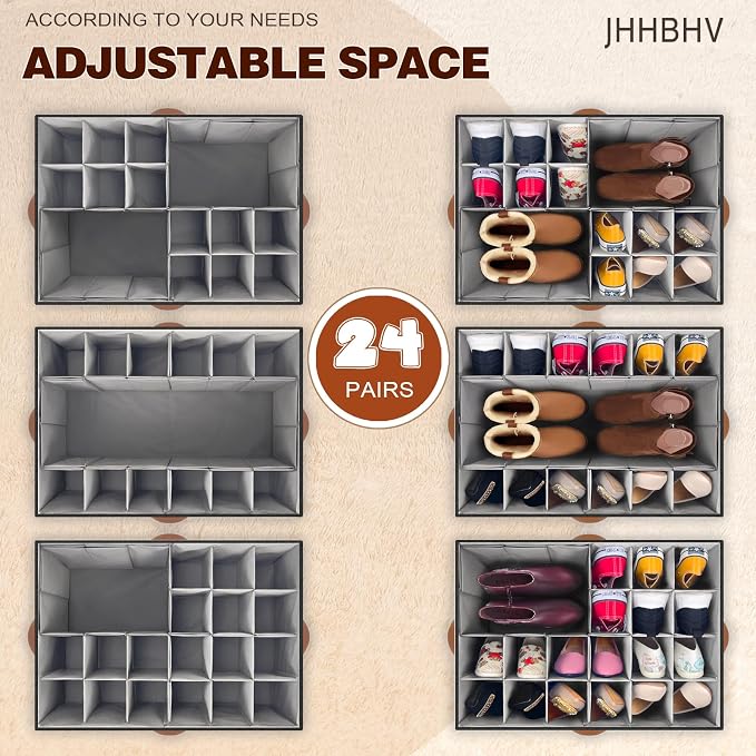 1 Pack Shoe Organizer for Closet, Adjustable Shoe Box Storage Containers, Large Foldable Shoe Bins with Clear Cover, Space Saving Shoes Holder with 4 Handles, Fits 12-24 Pairs, Black