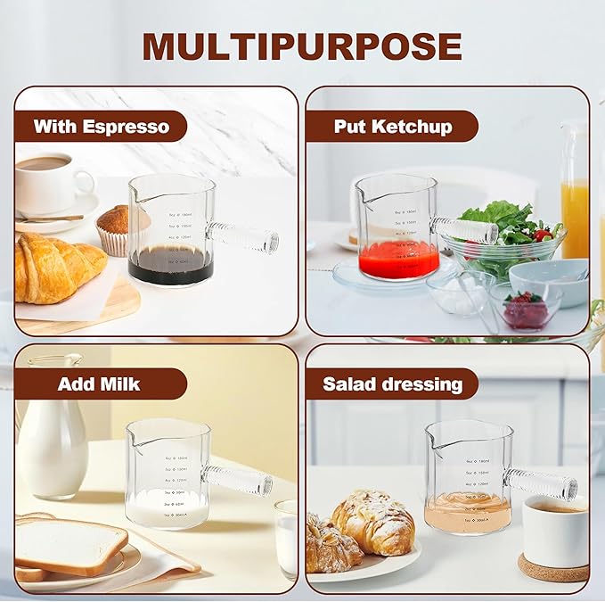 Glass Espresso Cup 6 OZ, Double Shots Measuring Cup with Glass Handle for Dishwasher Safe, Double V-Shaped Spout Milk Frothing Pitcher, Espresso Accessories for Machine, Demitasse Cups (Clear)