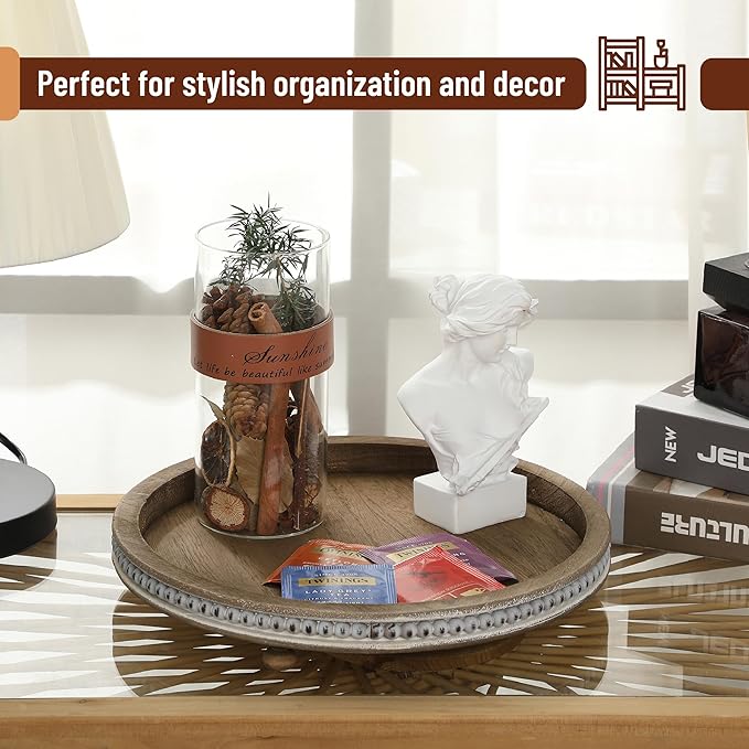 Bamboo Land- Round Decorative Trays for Coffee Table, 12", Warm Brown, Wood Tripod & Beaded Design, Wooden Round Tray for Coffee Table