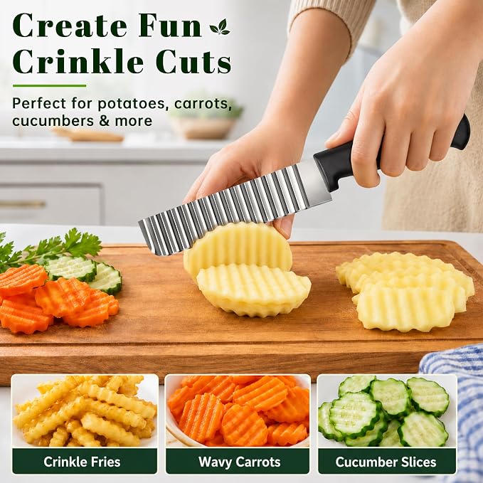 Onion Holder for Slicing & Crinkle Cutter Knife, 2 Piece Kitchen Prep Tool Set, Stainless Steel Onion Slicer Prongs, Wavy Knife, Potato Cutter for Fries, Tomato, Cucumber, Carrot