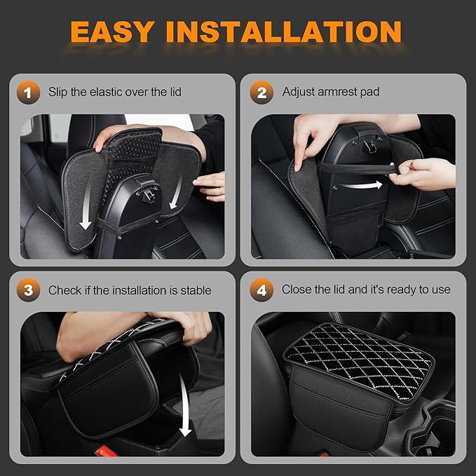 Car Center Console Bling Cover Fit for Buick Lacrosse Quilted Waterproof Leather Armrest Pad with 2 Pockets Crystal Rhinestone Non-Slip Backing (Black)