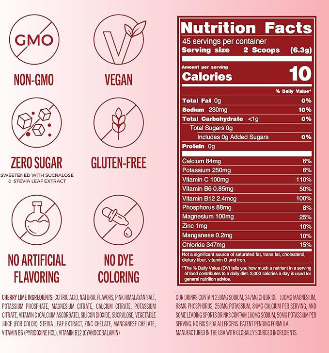 TREVI™ Sugar Free Electrolytes - Everyday Hydration Drink Mix Hydration Powder Multi-Serving Tub - 45 Serving - Cherry Lime