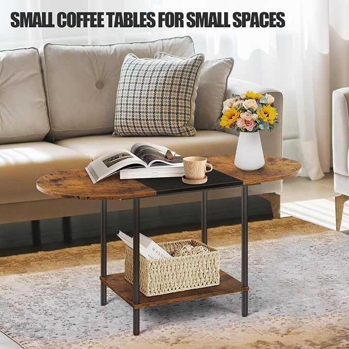 Small Coffee Tables for Living Room,Mid Century Oval Center Table with Storage Shelf and Wood Tabletop,2-Tier Farmhouse Narrow Cocktail Tea Table for Small Space,Apartment,Rustic Brown