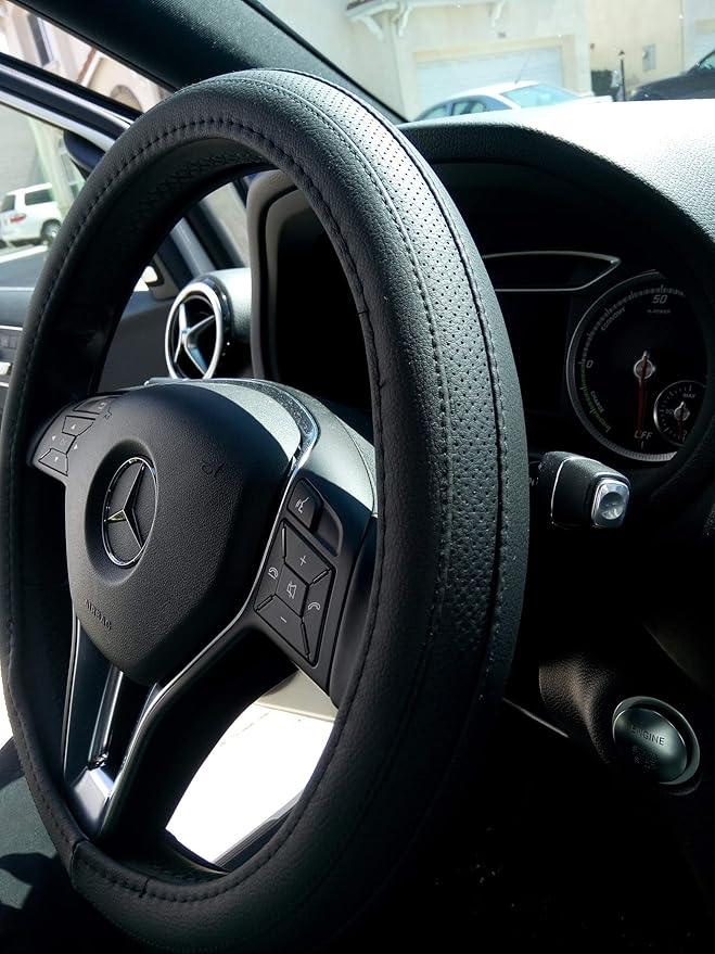 Jdragon Full Black PU Leather Great Comfort Slip-On Steering Wheel Cover 14.25-15" Diameter