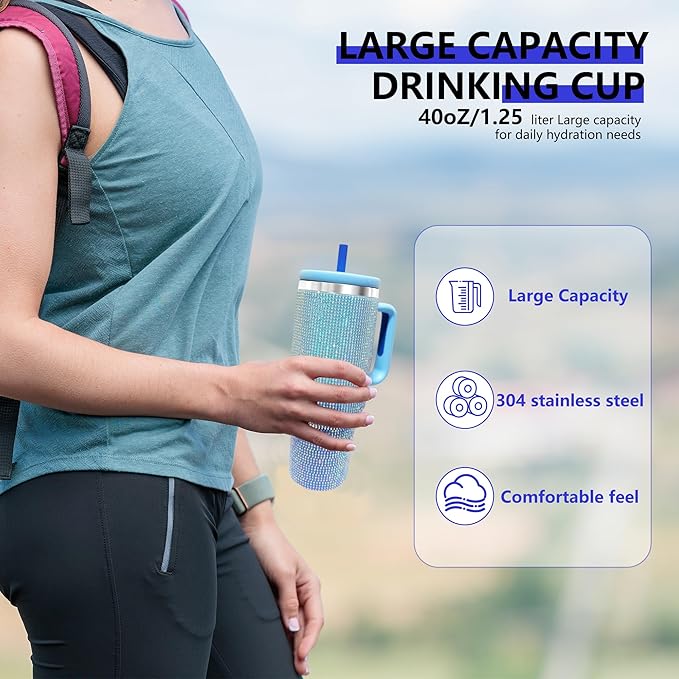 40-OZ Insulated Water Bottle,Insulated Stainless Steel Tumbler,Reusable Cold Drink Thermos,BPA-Free, Double-Wall Stainless Steel Water Bottle (Royal Blue - Diamond, 40, Fluid Ounces)