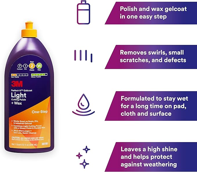 3M Perfect-It Gelcoat Light Cutting Polish + Wax, 36110, 1 Quart, One-Step Process, Removes Scratches and Swirls, Light Oxidation Remover for Boats and RVs
