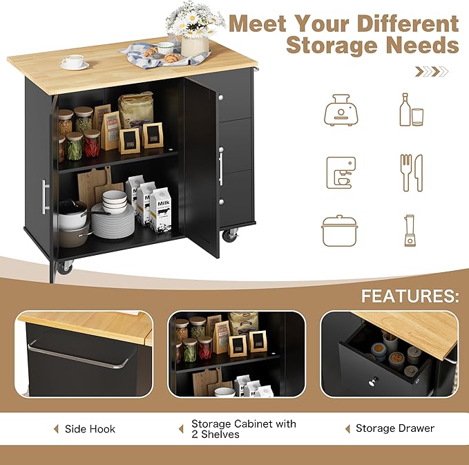Shintenchi Kitchen Island with Folding Drop Leaf, Rolling Island Table with Storage, Kitchen Cabinet on Wheels with Seating Area for Kitchen, Bar Cart with Cabinet, Black
