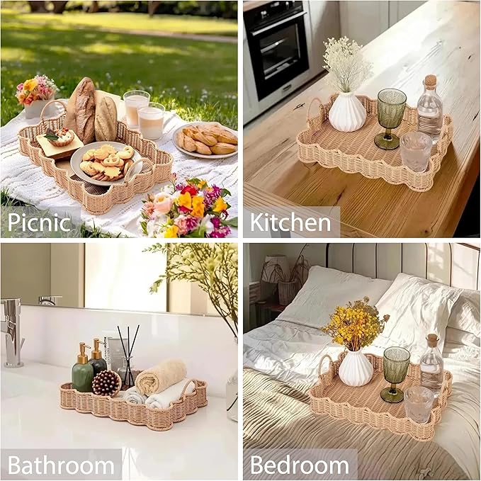 GRANNY SAYS Scalloped Edge Rectangle Wicker Serving Tray, Coffee Table Tray, Serving Trays with Handles, Decorative Tray for Entryway, Coffee Table, Woven Tray for Serving, 15 ¾"×11 ½"×2 ¼"