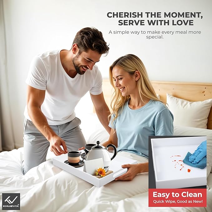 White Tray 15×10" with Cut Handles - Spill Proof Decorative Tray is an Ideal Countertop Organizer for Living Rooms, Ottoman Coffee Tables, Offices, Kitchens & Serving Guests
