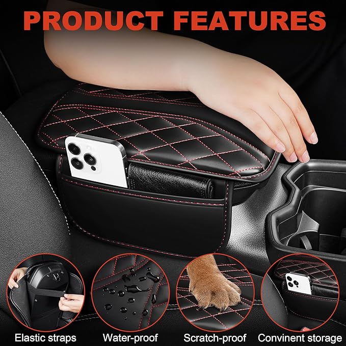 Center Console Cover Fit for Kia Sorento 2003-2025 with 2 Storage Bags Waterproof Leather Quilted Pattern Car Armrest Cover Cushion Anti - Slip(002#Black&Red Line)