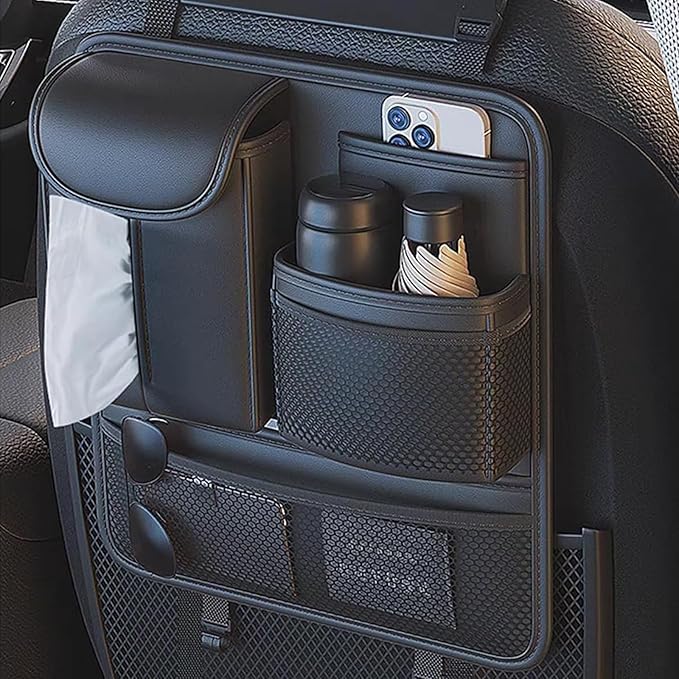 Multifunctional Car Seat Back Storage Box – Premium PU Leather Backseat Organizer with Cup Holder & Tissue Box, Spacious Car Seat Organizer for Storing Essentials & Keeping Interior Neat