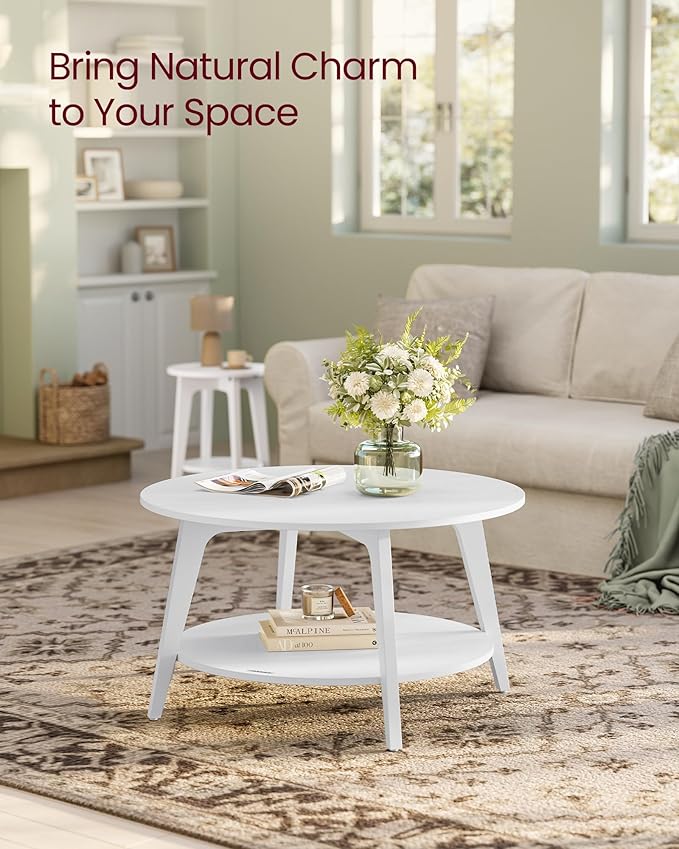 VASAGLE MAEZO Collection - Round Coffee Table, 2-Tier Center Table with Storage, Tapered Legs, Curved Transitions, 31.5 Dia. x 17.7 H Inches, Easy Assembly, for Living Room, Snow White ULCT243W14