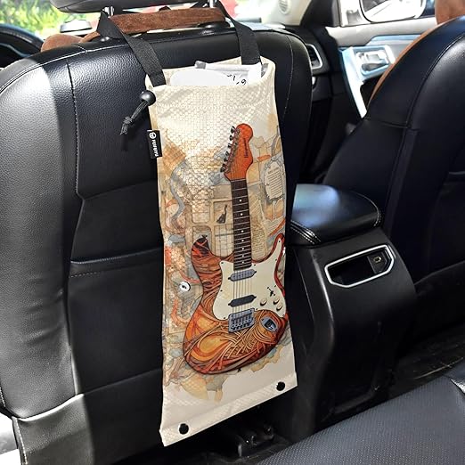 ALAZA Hanging Car Trash Bags Garbage Bag Trash Can for Back Seat Small Guitar Retro Washable Storage Bag Retractable 2 Pack