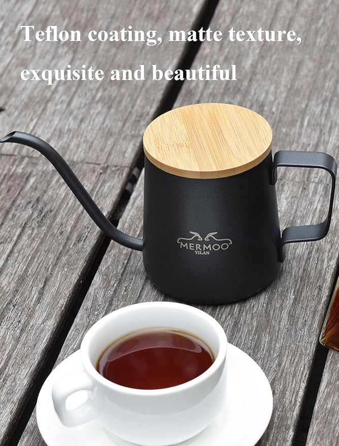 MERMOO YILAN Pour Over Coffee Kettle 12oz, Gooseneck, Wooden Lid, Precision Pouring,Single Serving, Sturdy Thicken 304 Stainless Steel, Dishwasher Safe, for Home, Camping, Travel, Office（black)