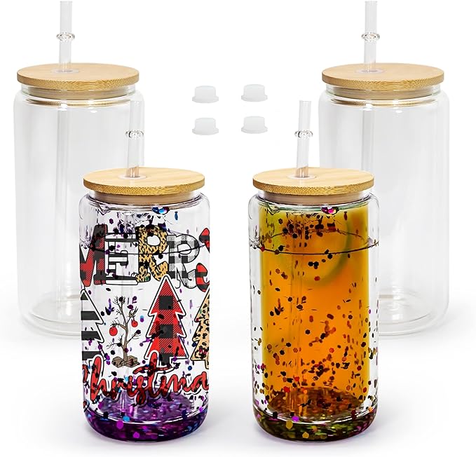 AGH 4 Pack Snow Globe Tumbler 16 oz Sublimation Snow Globe Glass Tumbler with Pre Drilled Hole Double Wall Snowglobe Glass Cups for Snow Globe Glitter DIY
