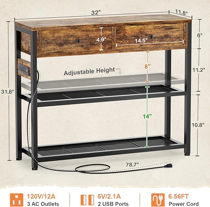 Ecoprsio Entryway Table with Outlets and USB Ports, Console Table with 2 Drawers, Small Sofa Table with Storage Shelves for Living Room, Couch, Hallway, Foyer, Kitchen Counter, 32'', Rustic