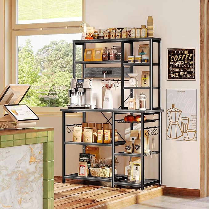 SUPERJARE Large Bakers Rack with Power Outlets, 6-Tier Microwave Stand, Coffee Bar with 12 S-Shaped Hooks, Kitchen Shelf with Wire Basket, 39.4 x 14.6 x 66.9 Inches, Charcoal Gray