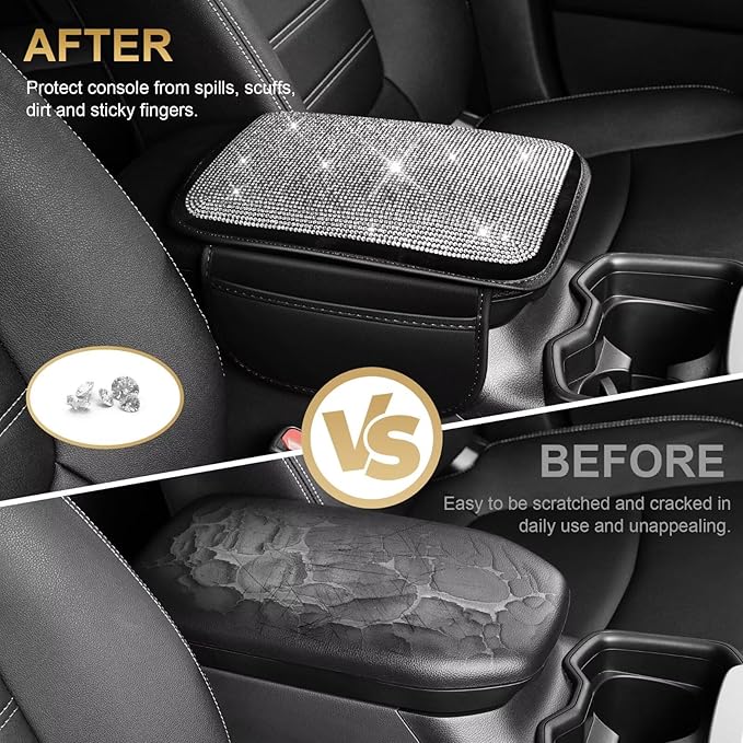 Bling Center Console Cover Fit for Toyota Tacoma with 2 Storage Bags Fully Diamond-Studded Style Center Console Armrest Cover with Total Protection(Silver Diamond)