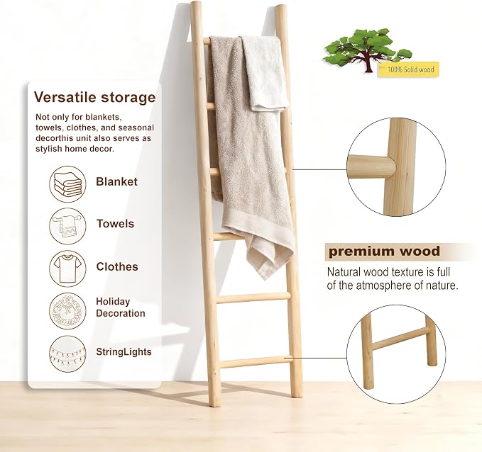 Wooden Blanket Ladder - 76in Natural & Motley Wood - Leaning Wall Decor for Bedroom, Bathroom, Living Room - Rustic Quilt Holder & Towel Rack (Light Wood Color, 76in | Pre Assembled)