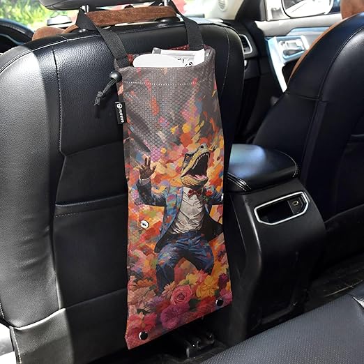 ALAZA Hanging Car Trash Bags Garbage Bag Trash Can for Back Seat Small Dinosaur Funny 1 Washable Storage Bag Retractable 2 Pack