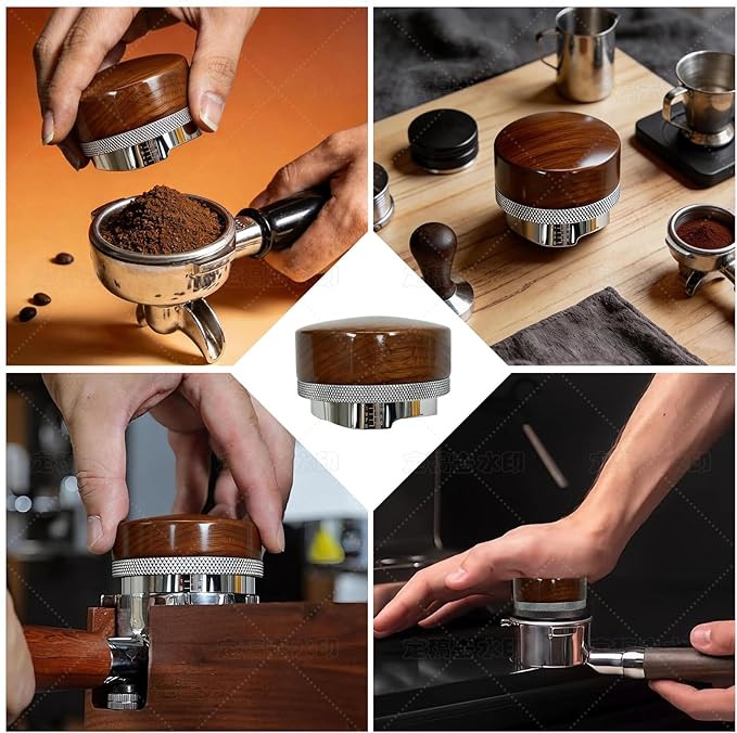 53mm Espresso Coffee Distributor - Adjustable Height 5-15mm, Walnut Wood Lid & 304 Stainless Steel Base, Compatible with Breville 54mm Portafilter for Coffee Enthusiasts