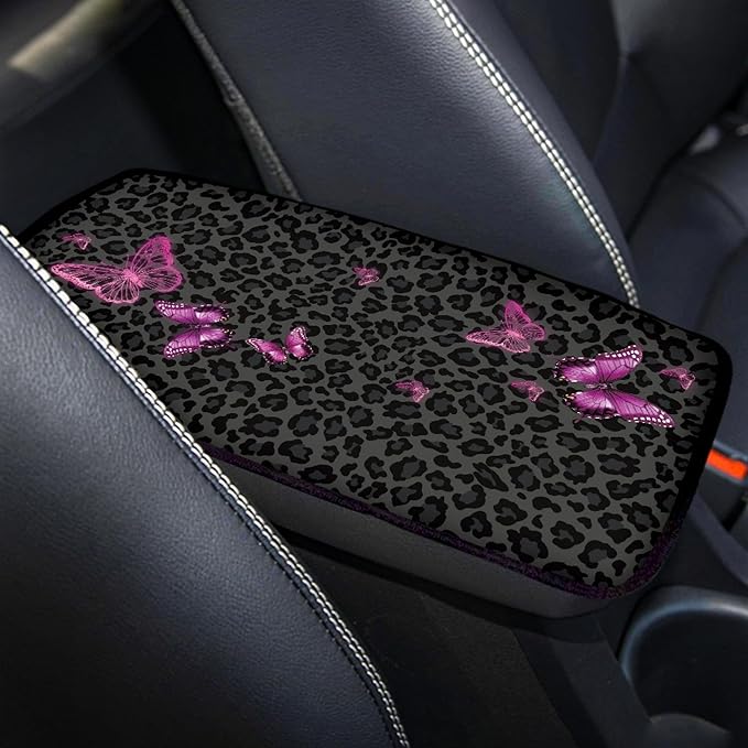 Black Leopard Butterfly Car Center Console Cover,Car Armrest Cover Cushion,Universal Butterfly Car Accessories