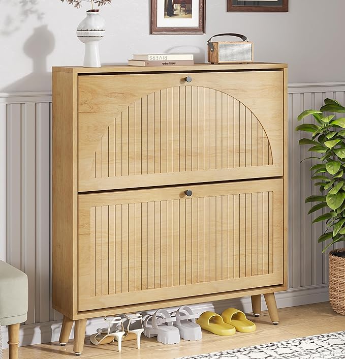 Fsbecl Shoe Storage Cabinet for Entryway with 2 Flip Drawers, Narrow Wood Shoe Cabinet with Fluted Panel, Freestanding Hidden Shoe Organizer for Foyer, Hallway (Wood Color - No Shelf)