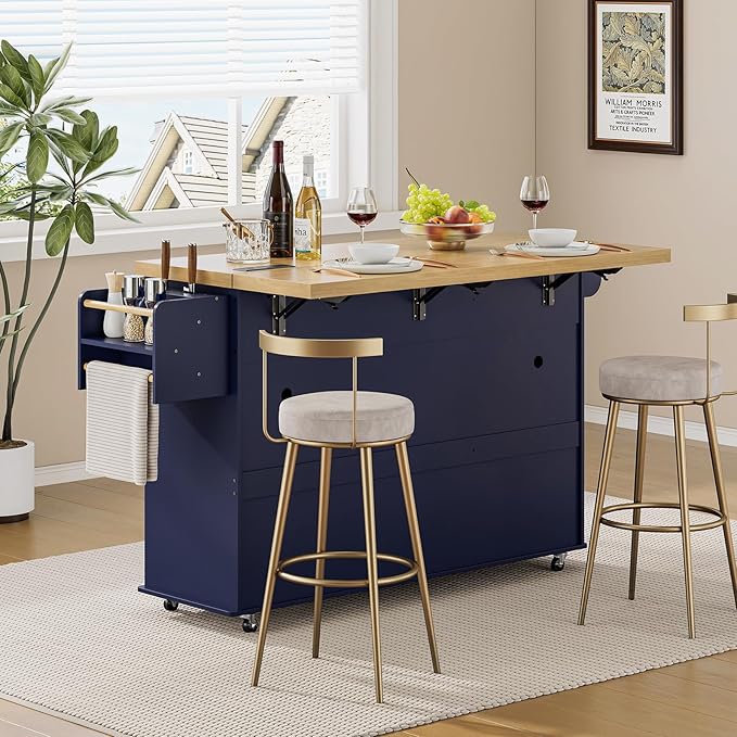 ONBRILL 60" Kitchen Island with Power Outlet & Drop Leaf, Mobile Storage Island with Spice Rack & Towel Rack, 4 Levels, Blue