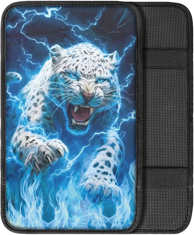 Lightning Leopard Print Car Arm Rest Cover Pad Dust-Proof Anti-Slip Center Console Cushion Pad Universal Car Interior Decor Accessories for Truck Sedan SUV, Easy to Install