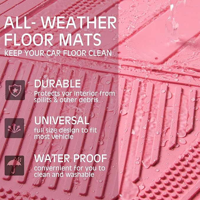 CAR PASS Heavy Duty Rubber Floor Mats Pink Car Mats Full Set with Trunk Cargo Liner - Universal Waterproof Floor Mats for Car SUV Truck, Durable All Weather Liner Mats Automotive Women (All Pink)