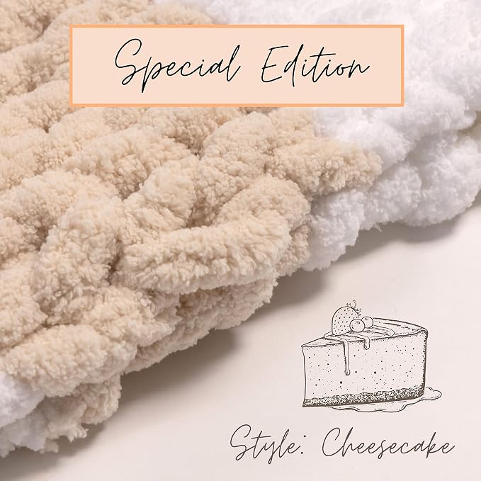 Adyrescia Chunky Knit Blanket Throw | 100% Hand Knit with Jumbo Chenille Yarn (50"x60", Oatmeal and White Stripes)