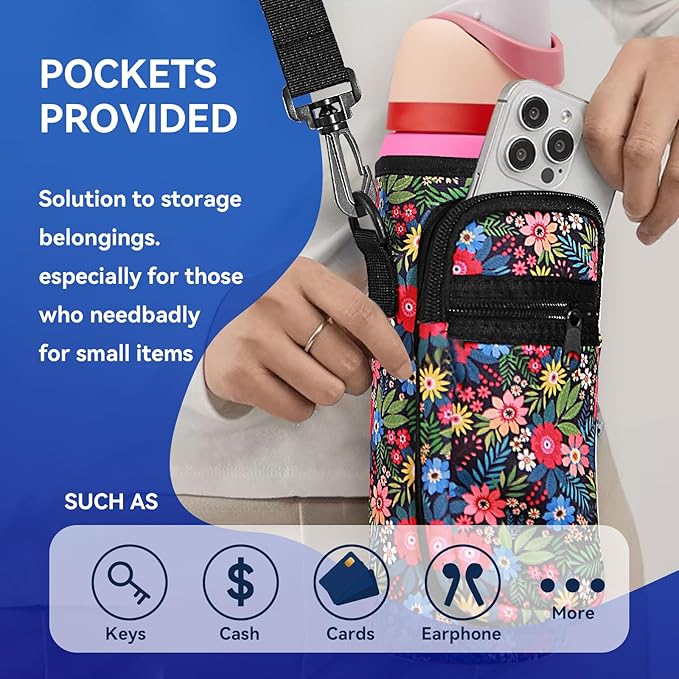 Neoprene Water Bottle Holder Bag with Cell Phone Pocket Compatible with Owala FreeSip 24 oz，Water Bottle Carrying Bag ，with Adjustable Shoulder Strap,for 24oz Stainless Steel Water Bottle