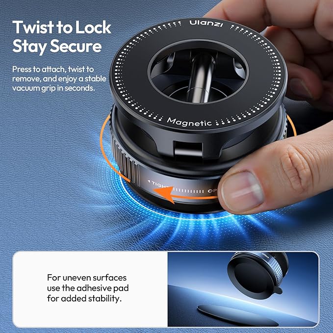 ULANZI SK-25 Car Phone Holder for Magsafe, Vacuum Suction Cup Magnetic Phone Mount, 360° Adjustable Phone MagMount for Car/Ceramic Tile/Gym/Mirror, Load up to 1kg, Magnetic Force ≥14N（Black）