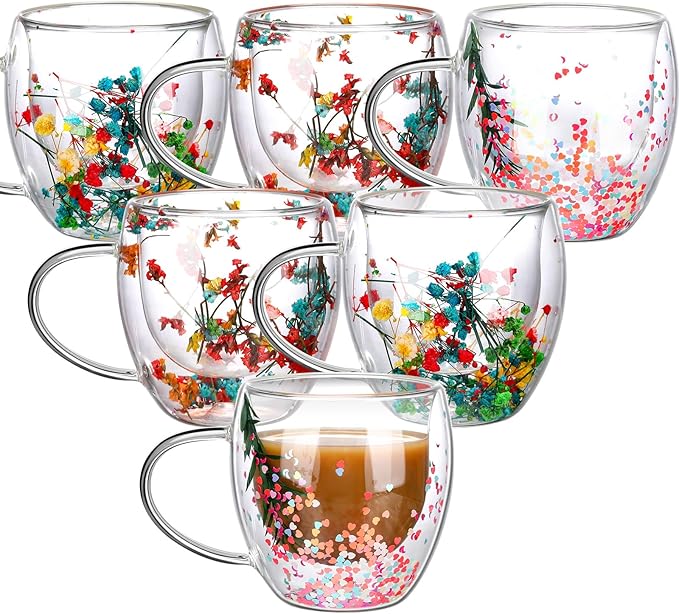 6 Pcs Flower Double Wall Coffee Mugs 8.5 oz Clear Decorative Coffee Glass Cup Insulated Heat Resistant Mug with Handle for Hot Cold Espresso Beverages Juice Birthday Mother's Day Gifts