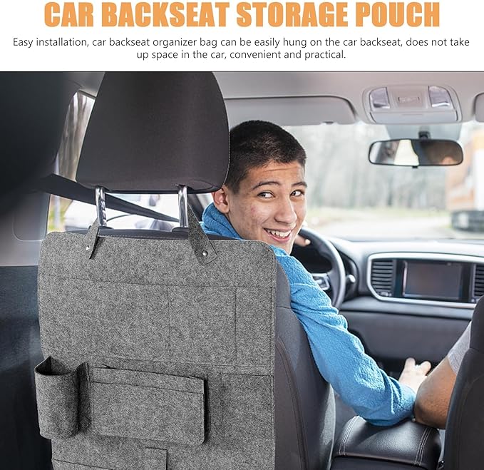 Car Backseat Organizer Bag Hanging Storage Pouch Felt Material Medium Gray Small Size Car Seat Hanging Organizer for Vehicle Interior Storage and Backseat Protection