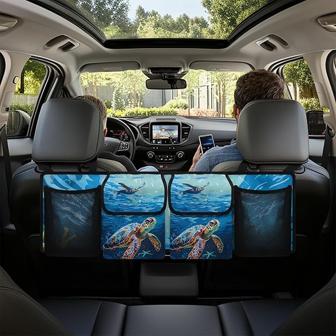 CLOHOMIN Blue Sea Turtle Car Organizer for SUV Sedan Truck Hanging Cargo Storage Bag with 4 Pockets Blue Ocean Car Trunk Backseat Organizer Multi Trunk Organizer Decor