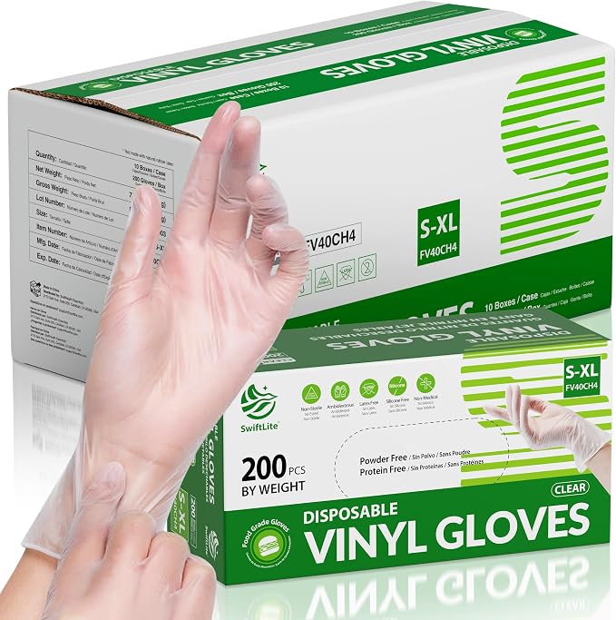 SWIFTLITE Disposable Vinyl Gloves, Food Safe, Latex-Free Powder-Free Clear Plastic Gloves for Cooking, House Clean, Food Prep