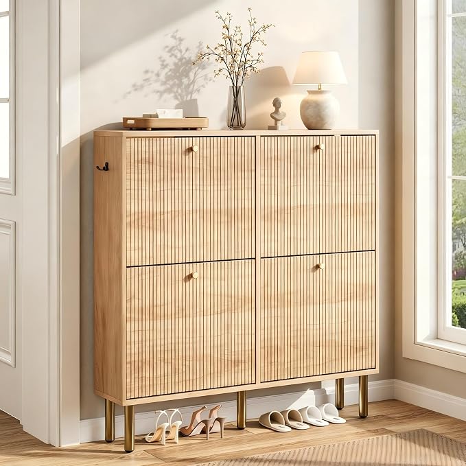Nicetree Shoe Storage Cabinet for Entryway, Modern Natural Shoe Cabinet with Tiered Fluted Design, 9.5" Slim Shoe Rack for Small Spaces, 4 Flip Drawers Narrow Shoe Cabinet for Small Space