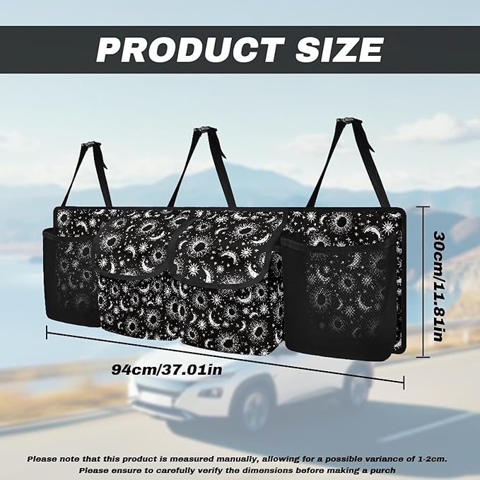 CLOHOMIN Sun and Moon Car Storage Organizer Car Trunk Mesh Storage Bag Black Backseat Hanging Organizer Large Capacity Trunk Organizer for SUV Car Accessories with 4 Pockets