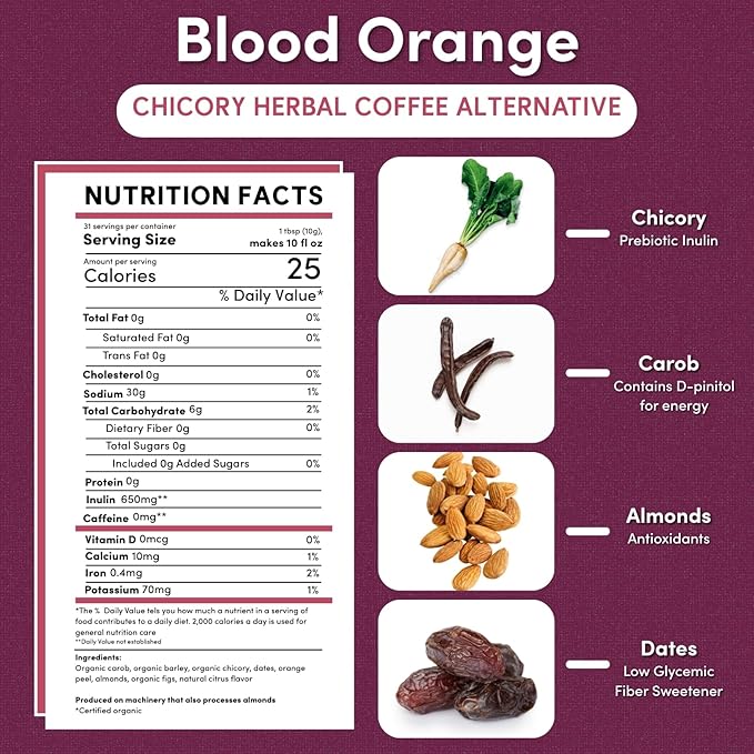 Teeccino Blood Orange Chicory Coffee Alternative - 11 Ounce - Ground Herbal Coffee That’s Prebiotic, Caffeine Free & Acid Free, Light Roast, (Pack of 3)