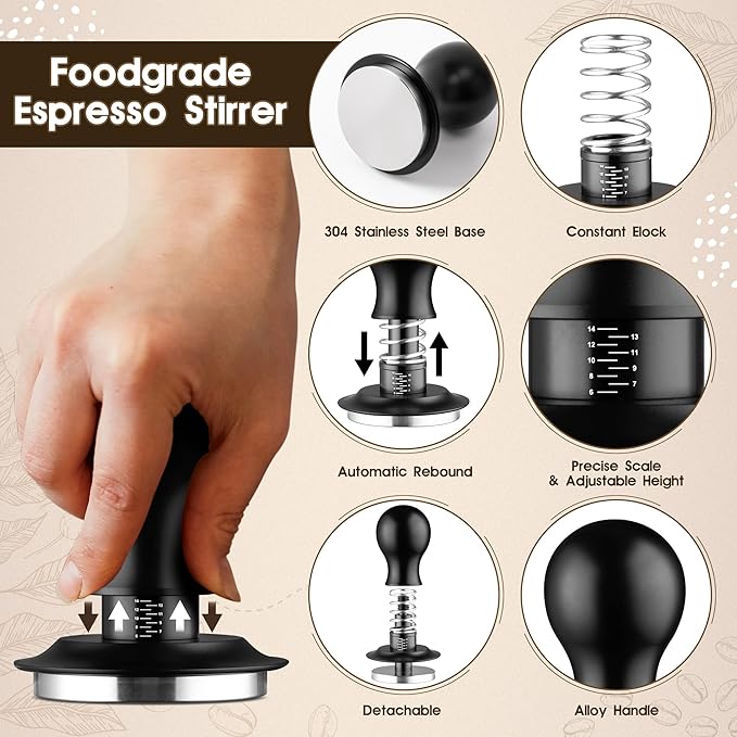 Espresso Distribution Tool Accessories - 51mm Spring Loaded Coffee Calibrated Tamper Kit with Needles, WDT Stainless Steel Espresso Stirrer Dosing Funnel Set for Barista Coffee Machines