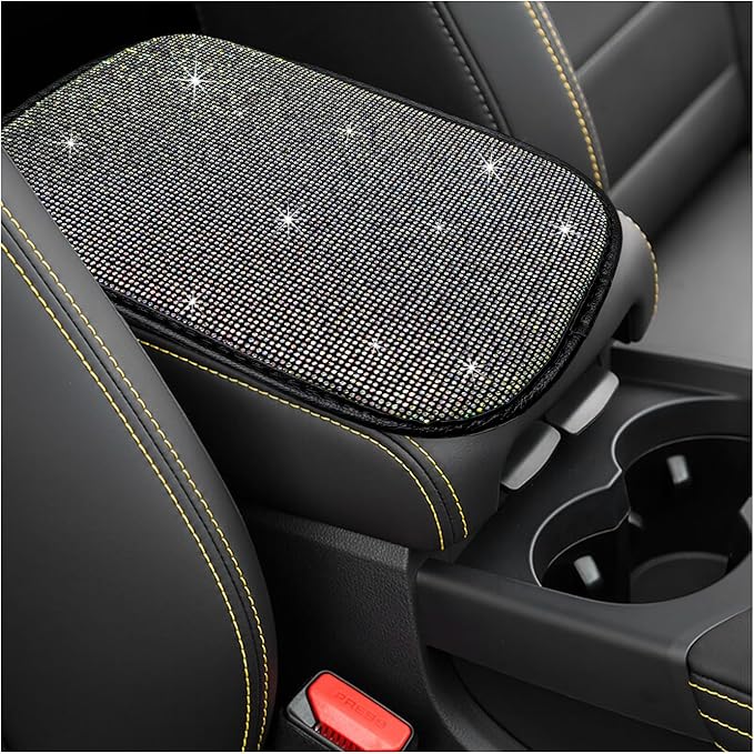 Bling Car Armrest Cover, 11.8"×8.5" Crystal Rhinestone Auto Center Console Protective Cover, Bling Charming Arm Rest Cushion Pad for Most Cars SUVs Trucks, Car Accessories (Black&Colorful)