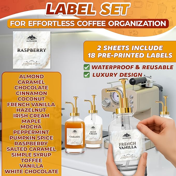 Set of 4 Coffee Syrup Bottles 16.9oz 500 ml – Coffee Syrup Glass Dispenser with 18 Marked Labels, Leak-Proof, Easy Cleaning – Coffee Station Accessories for Home Bar | Event Ready (Golden Pumps)