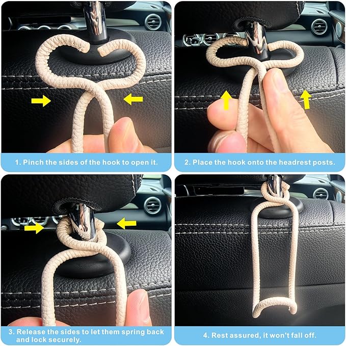 Purse Hooks for Car - 2 Pack Universal Back Seat Storage Holder with Anti-Drop Lock Loop for Vehicle Truck SUV, Car Headrest Hanger for Hat Bag Grocery Handbag Coat Must Have Stuff- Beige Leather/2L