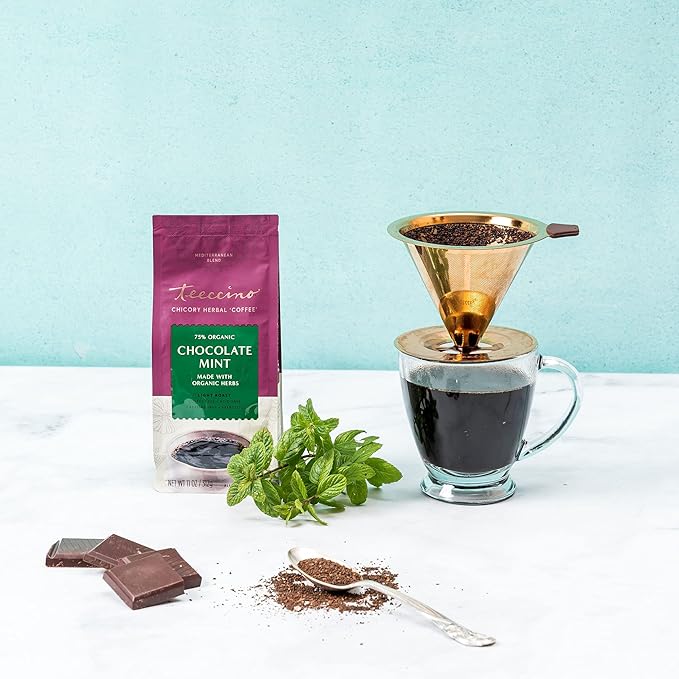 Teeccino Chocolate Mint Chicory Coffee Alternative - 11 Ounce - Ground Herbal Coffee That’s Prebiotic, Caffeine Free & Acid Free, Light Roast, (Pack of 3)