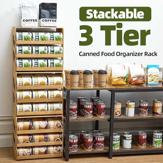 Aminigram Soup Can Organizer for Pantry, 4 Tier Pantry Can Organizers and Storage, Rolling Bamboo Canned Food Storage for Countertop Kitchen Cabinet
