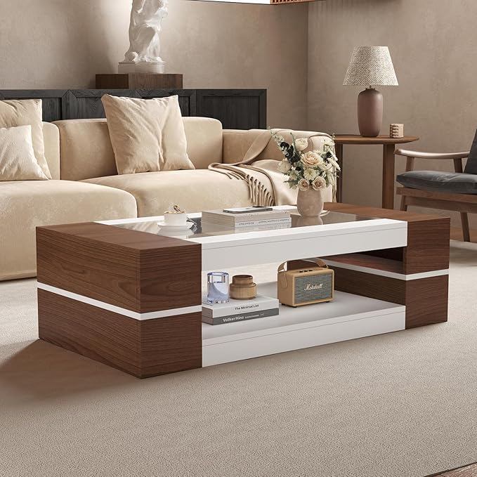 HedoAjim 47.2" Modern Stylish Coffee Table with Glass Table Top, Large Living Room Table Rectangular 2-Tier Center Tables with Storage, Wood Cocktail Tea Tables for Dining Reception Room White Walnut