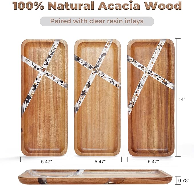Anyvape Acacia Wood Serving Trays with Resin Inlay, Set of 3 Wooden Serving Platters for Home Decor, Food, Cheese, Fruit, Vegetables, Charcuterie, Appetizer Serving Tray(14 x 5.5 inches)
