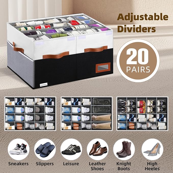 Supowin Shoe Organizer for Closet, Foldable Shoe Storage Bins with Lid & Adjustable Dividers, Fabric Shoe Box Storage Containers with Four Reinforced Handles, Fits 20 Pairs, 1 Pack, Black & White